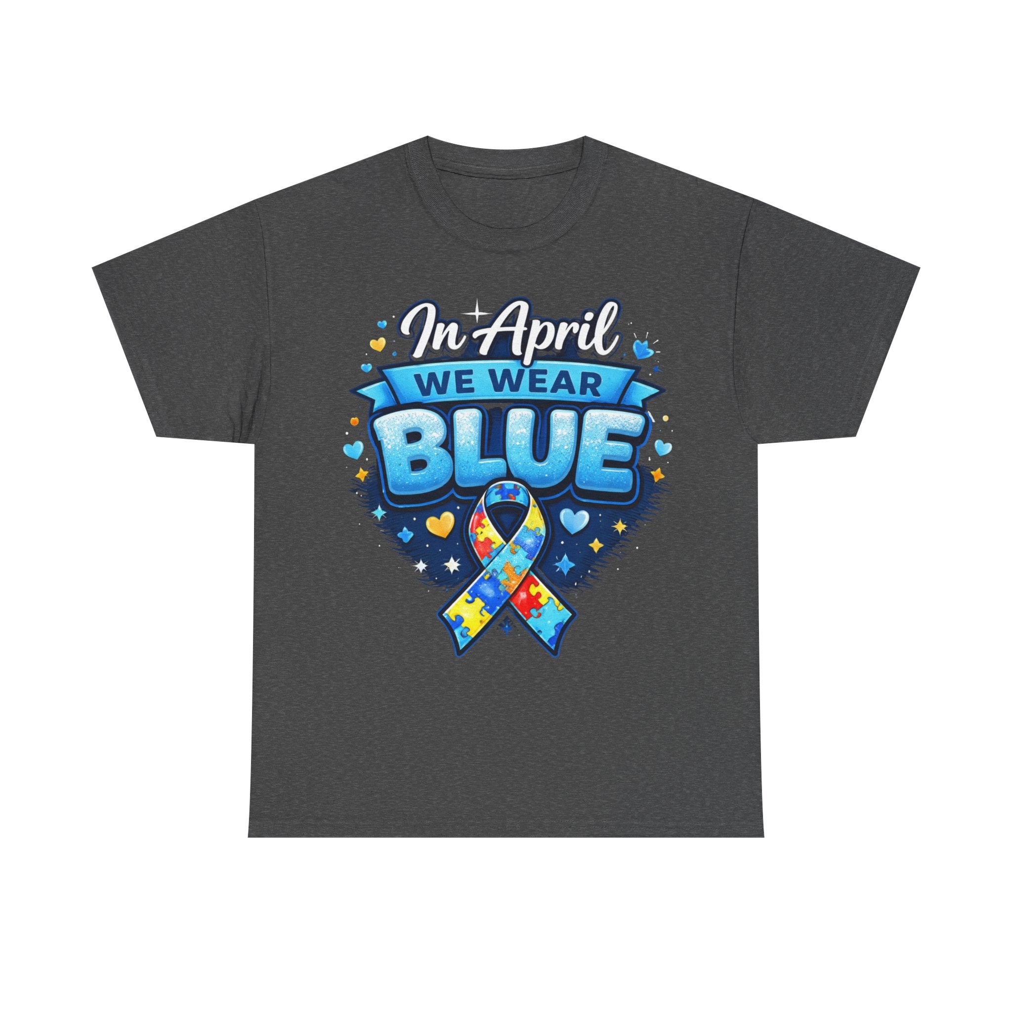 In April We Wear Blue — Autism Awareness Puzzle Ribbon Tee