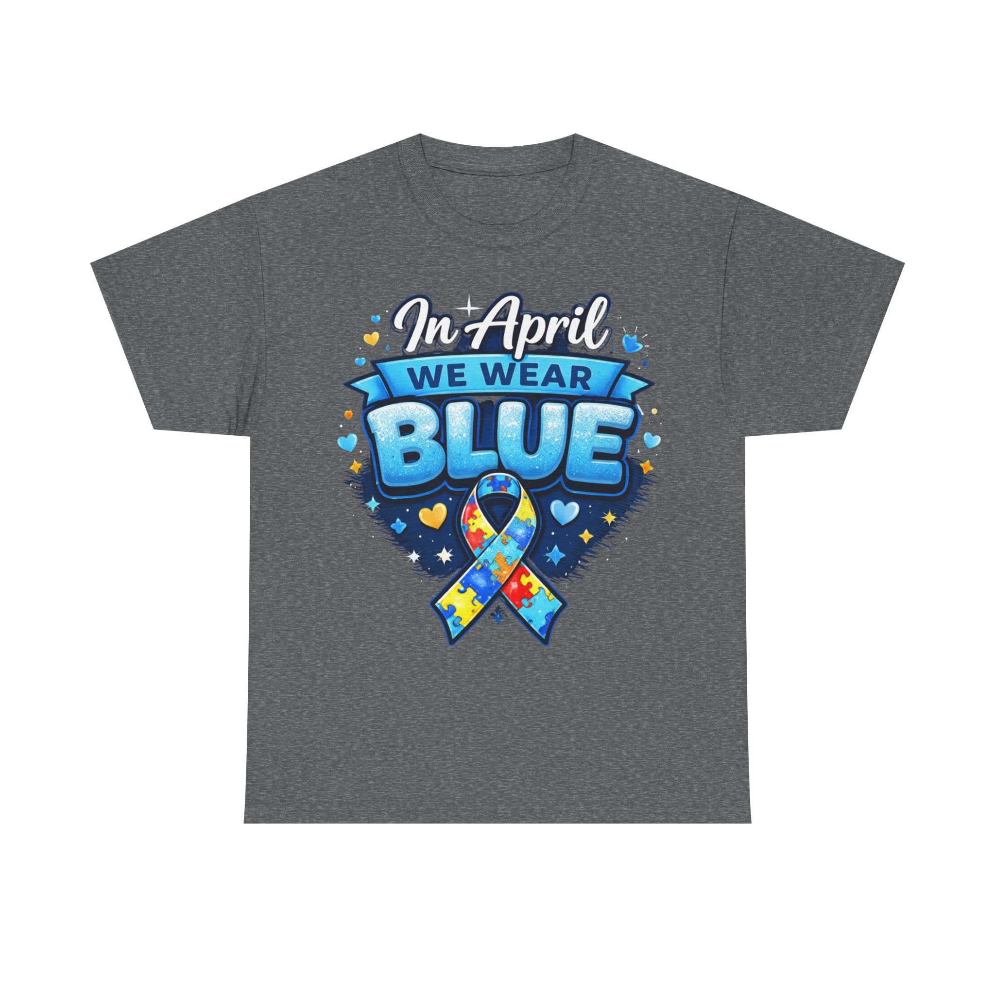 In April We Wear Blue — Autism Awareness Puzzle Ribbon Tee