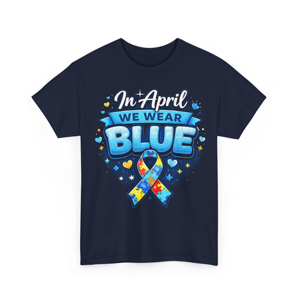 In April We Wear Blue — Autism Awareness Puzzle Ribbon Tee