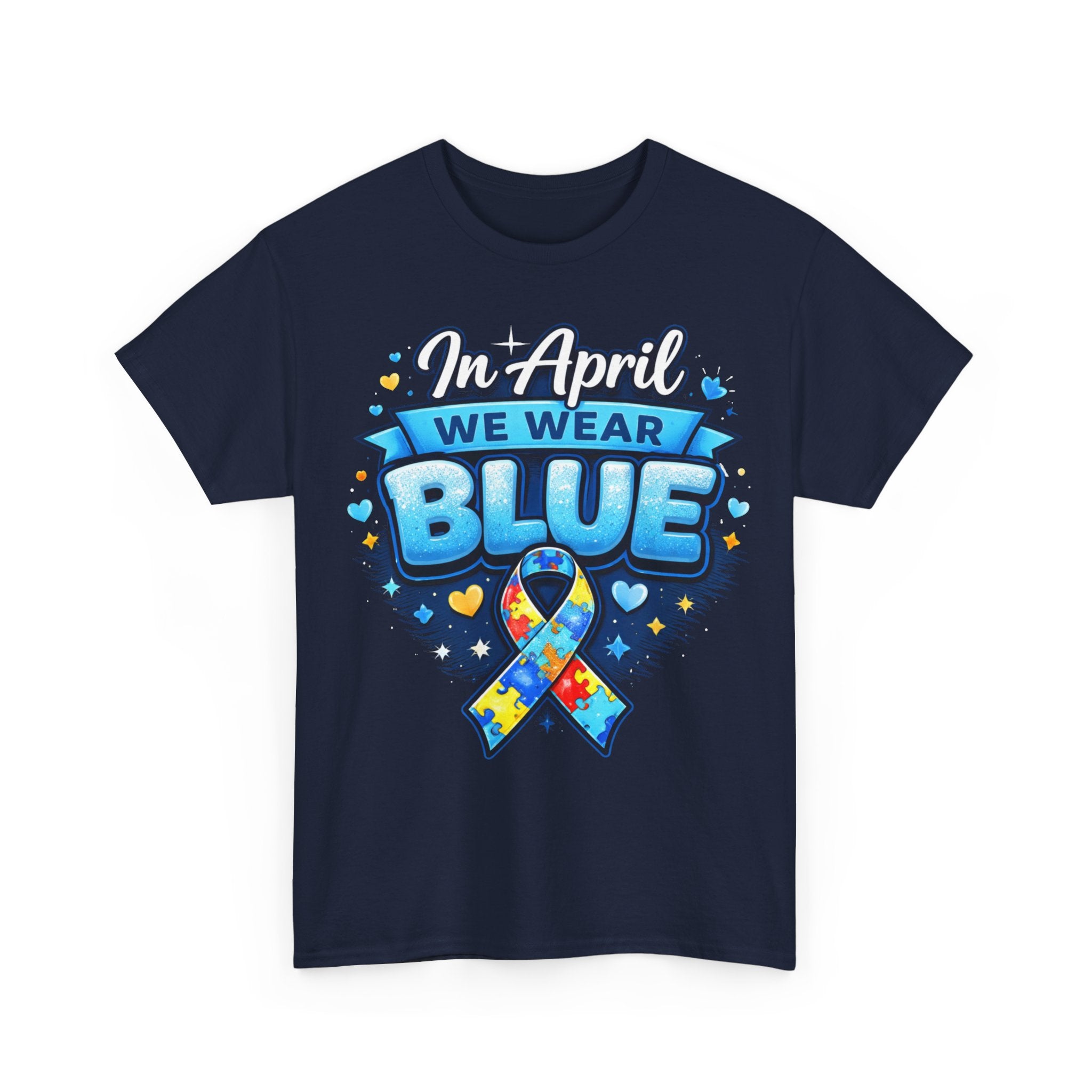 In April We Wear Blue — Autism Awareness Puzzle Ribbon Tee