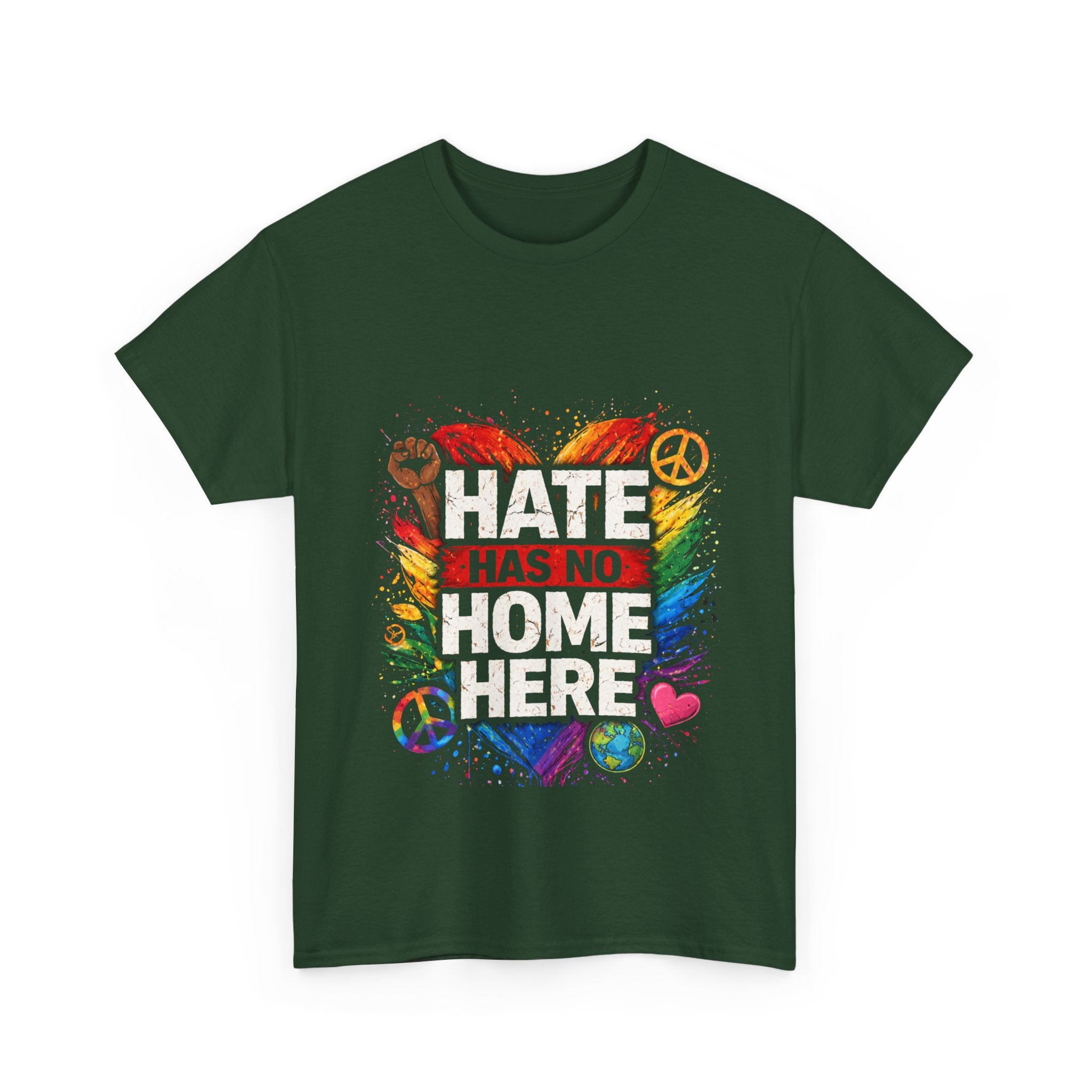 Hate Has No Home Here LGBTQ ally tee in dark colors with rainbow unity graphic
