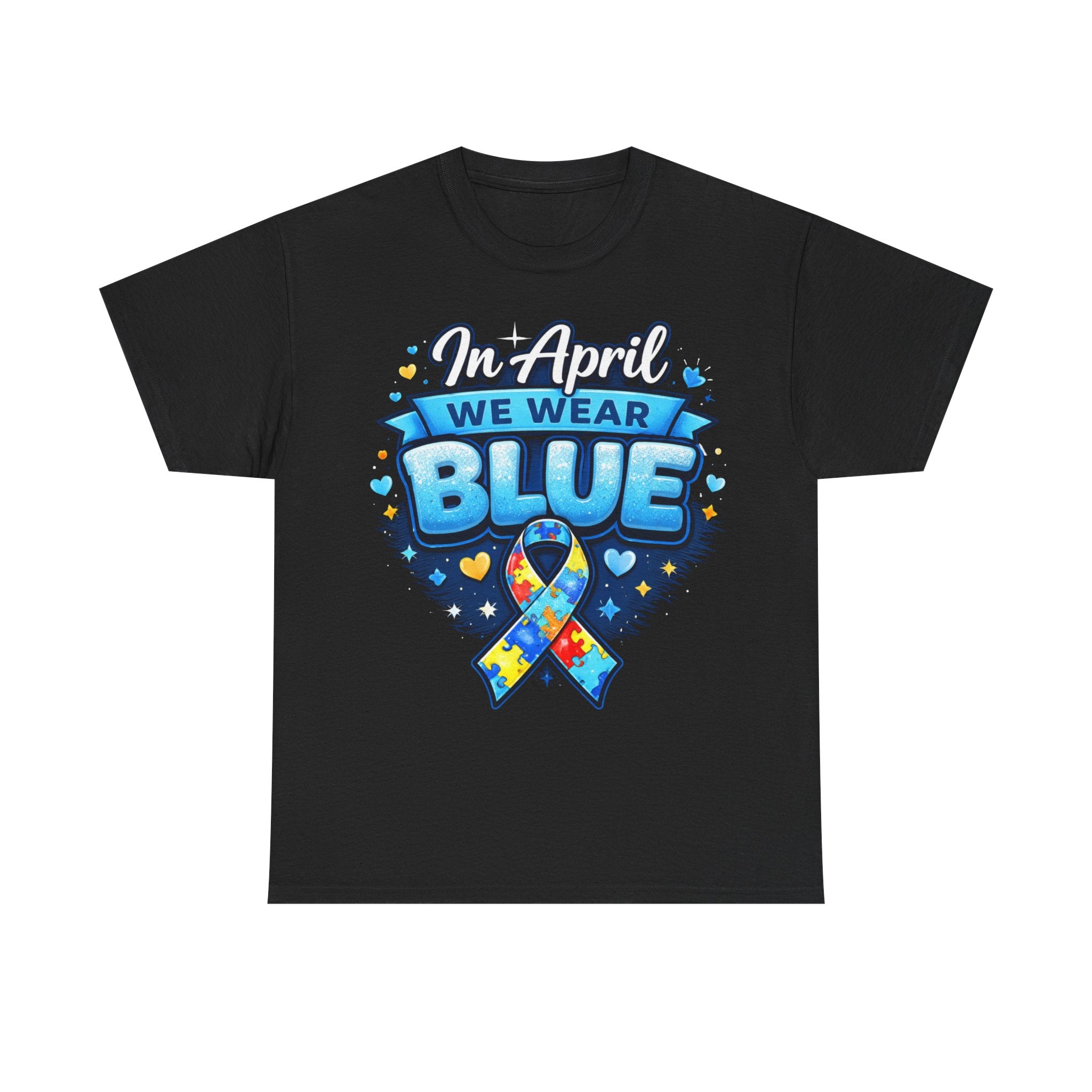 In April We Wear Blue — Autism Awareness Puzzle Ribbon Tee