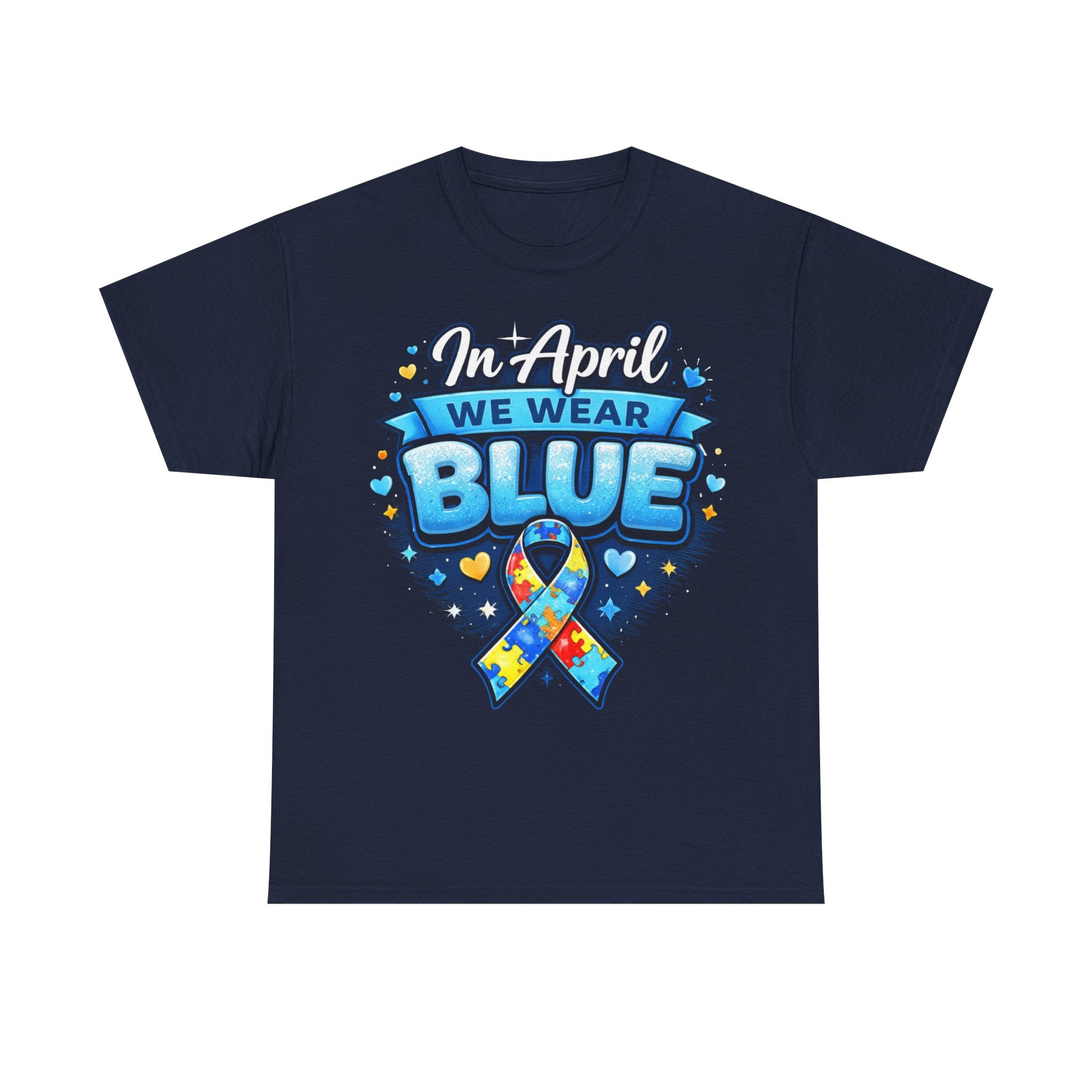 In April We Wear Blue — Autism Awareness Puzzle Ribbon Tee