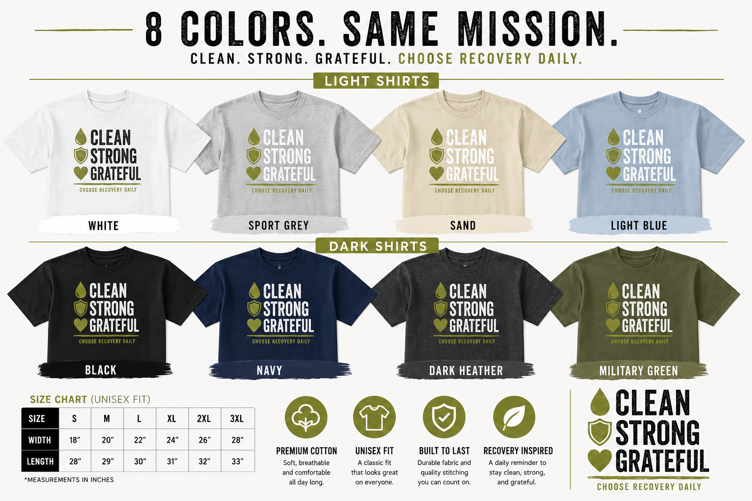 Recovery Tee — "Clean Strong Grateful" Inspirational Slogan T-Shirt