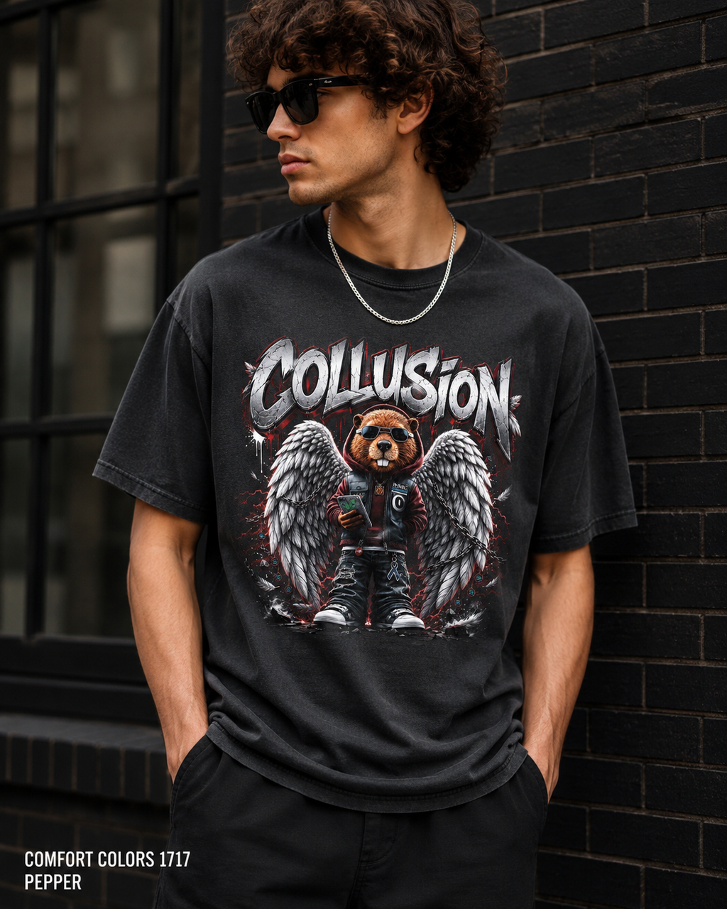 Collusion Beaver Graphic T-Shirt – front view with bold COLLUSION lettering and winged beaver design