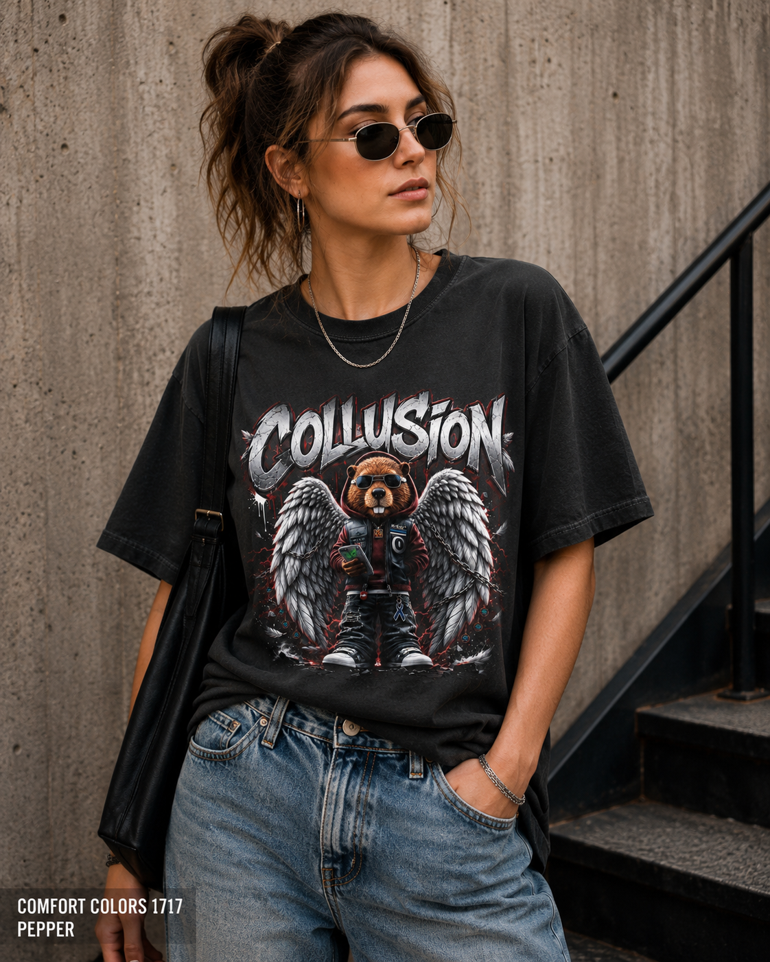Collusion political statement tee – close-up of gritty beaver graphic on garment-dyed heavyweight cotton