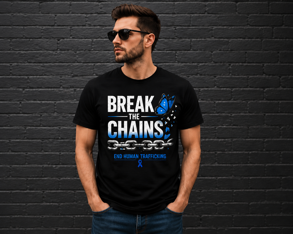 Break The Chains blue ribbon anti-trafficking awareness unisex t-shirt