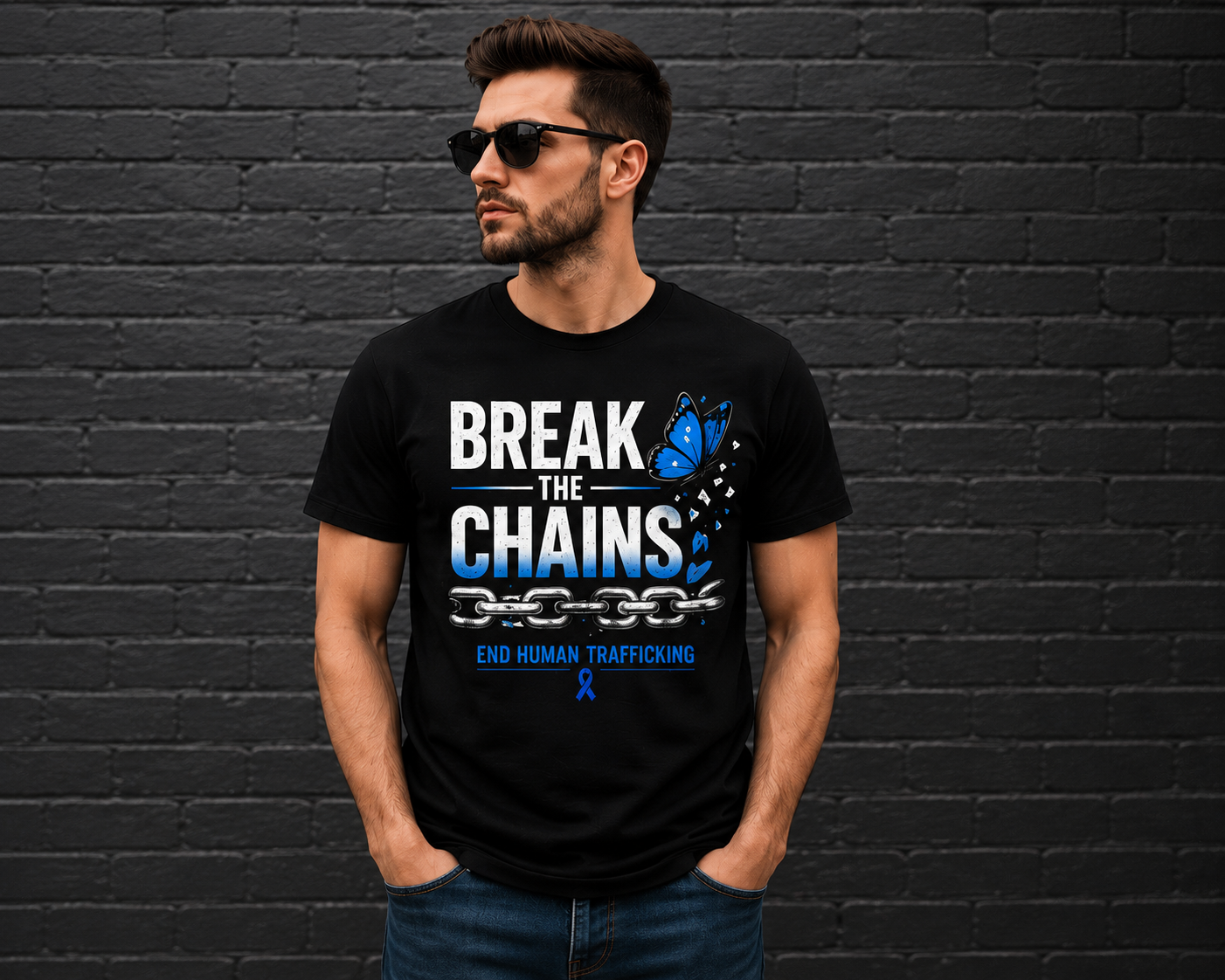 Break The Chains blue ribbon anti-trafficking awareness unisex t-shirt
