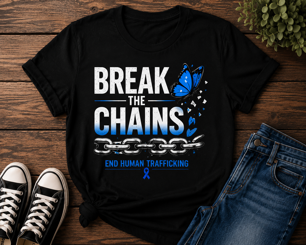 Break The Chains blue ribbon anti-trafficking awareness unisex t-shirt