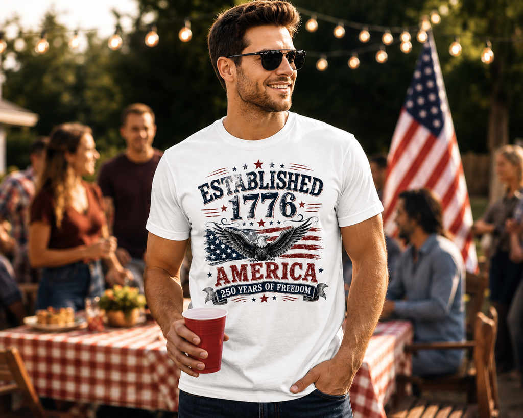 Established 1776 America 250 Years of Freedom Fourth of July Bella Canvas tee