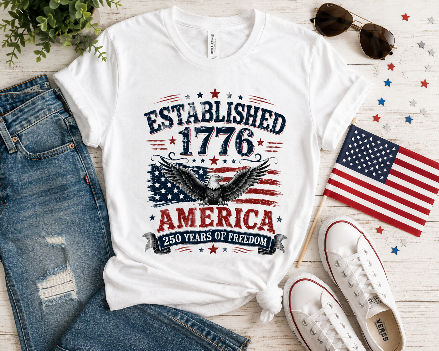 Established 1776 America 250 Years of Freedom Fourth of July Bella Canvas tee
