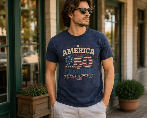 America 250 Years of Freedom 1776-2026 patriotic Independence Day Bella Canvas tee