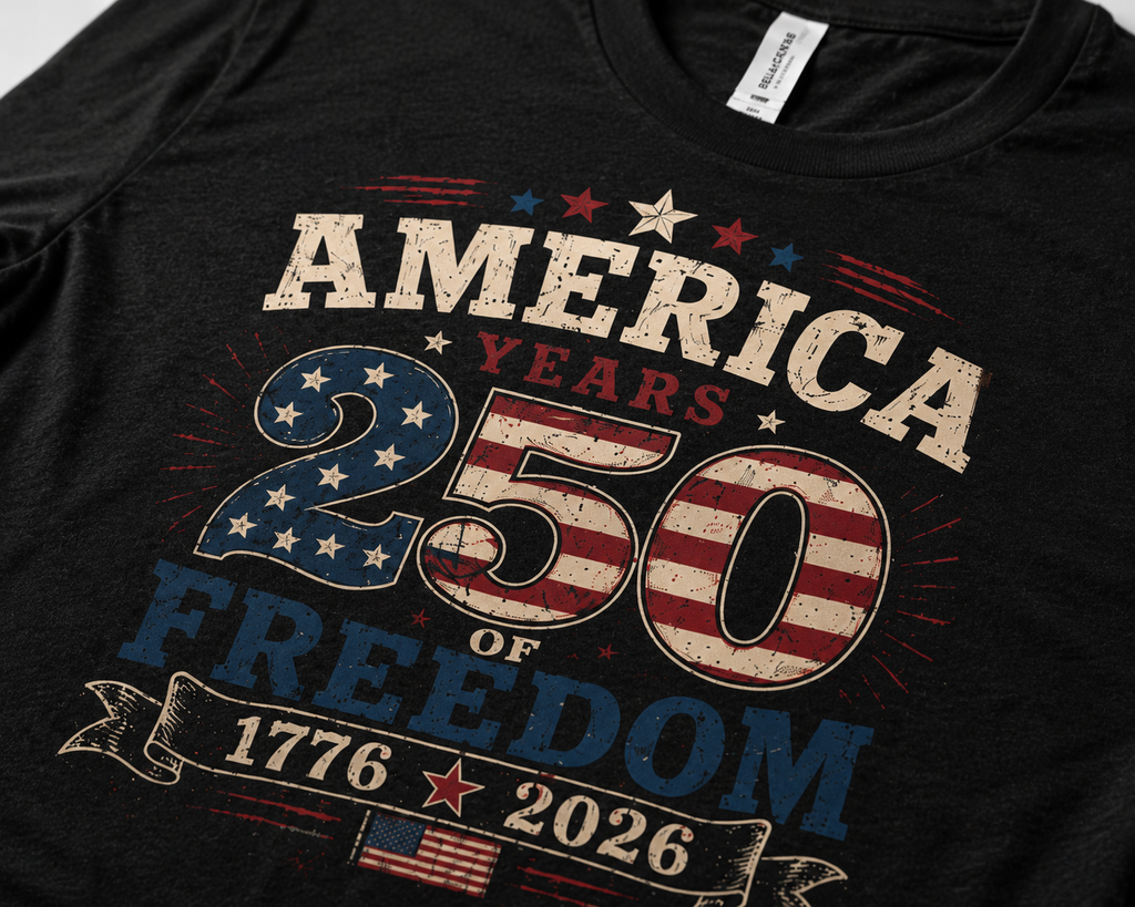 America 250 Years of Freedom 1776-2026 patriotic Independence Day Bella Canvas tee