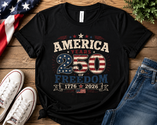 America 250 Years of Freedom 1776-2026 patriotic Independence Day Bella Canvas tee