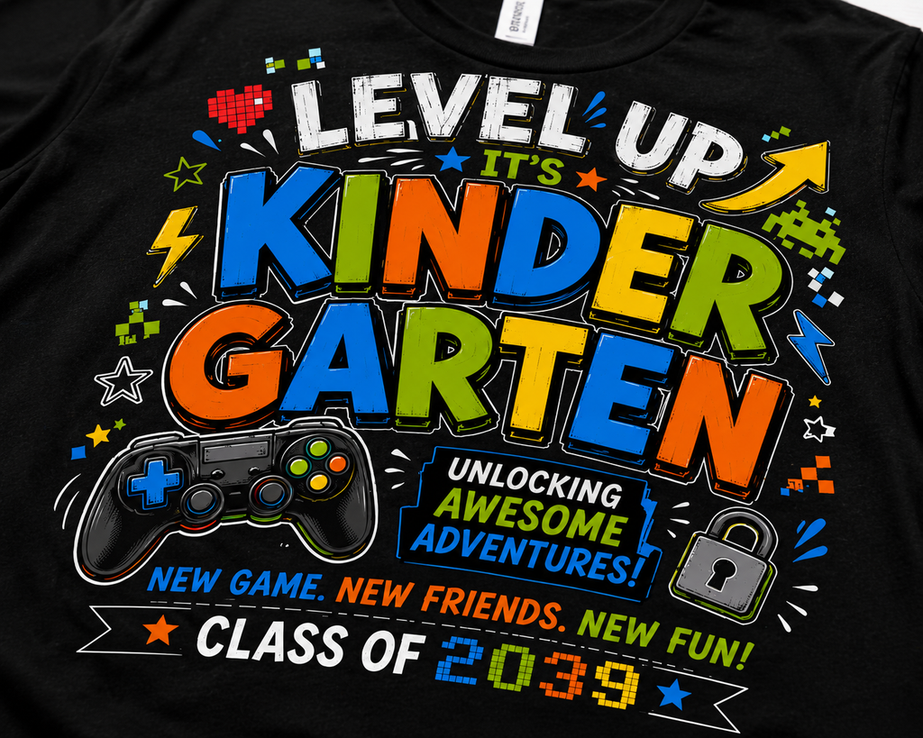 Level Up Kindergarten Class of 2039 gamer Bella Canvas kids back-to-school tee