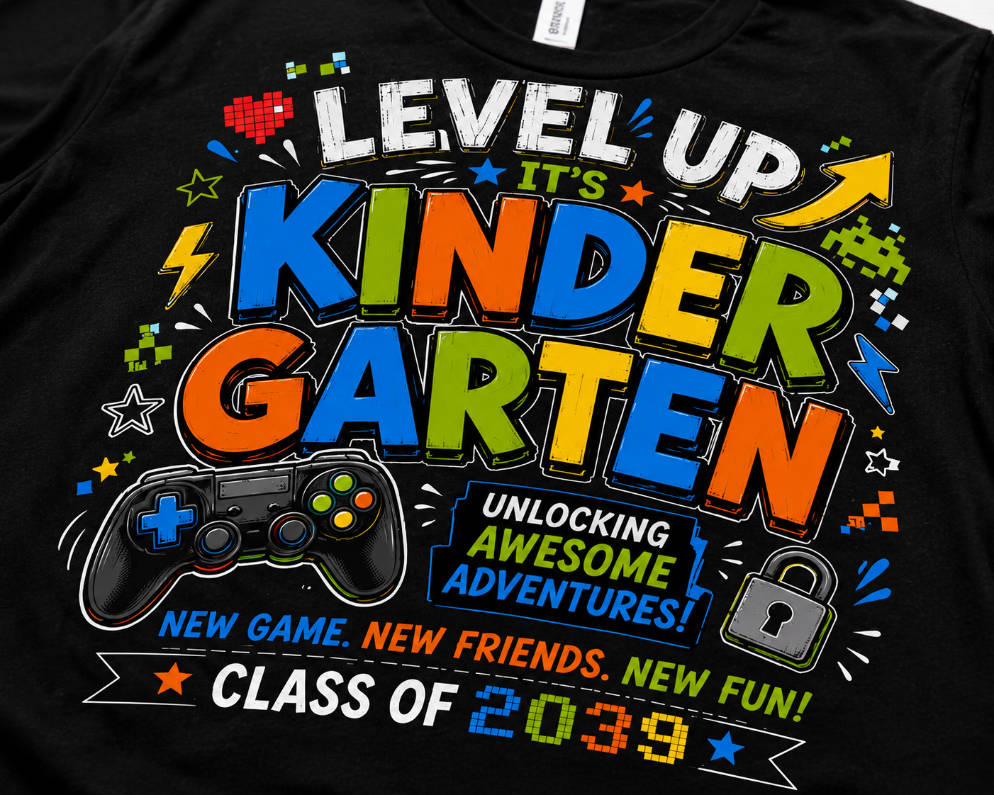 Level Up Kindergarten Class of 2039 gamer Bella Canvas kids back-to-school tee