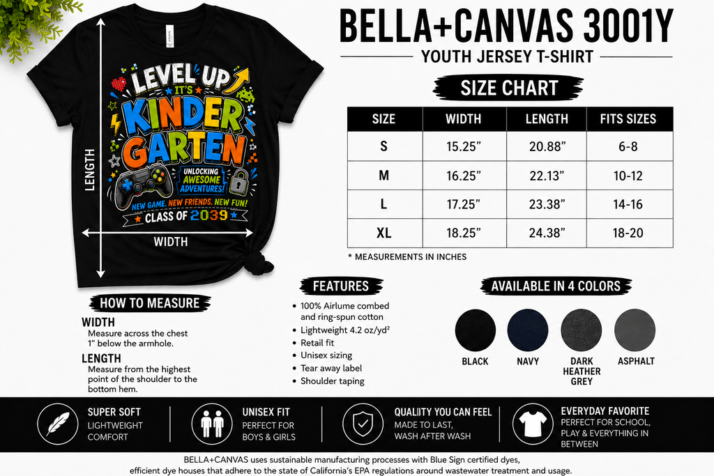 Level Up Kindergarten Class of 2039 gamer Bella Canvas kids back-to-school tee