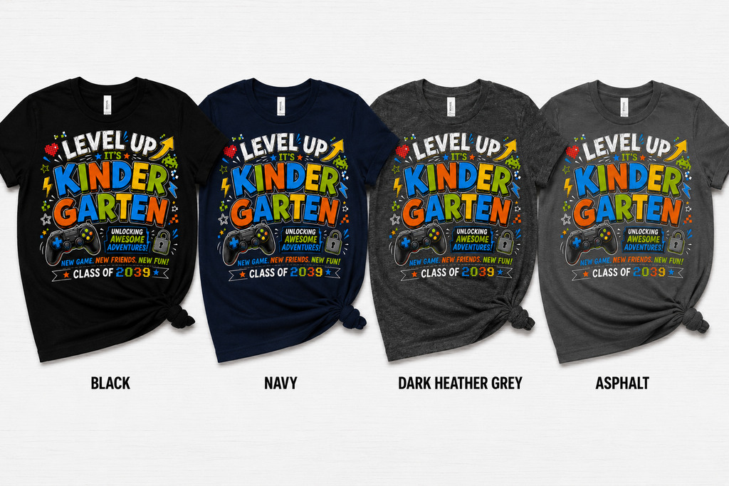Level Up Kindergarten Class of 2039 gamer Bella Canvas kids back-to-school tee