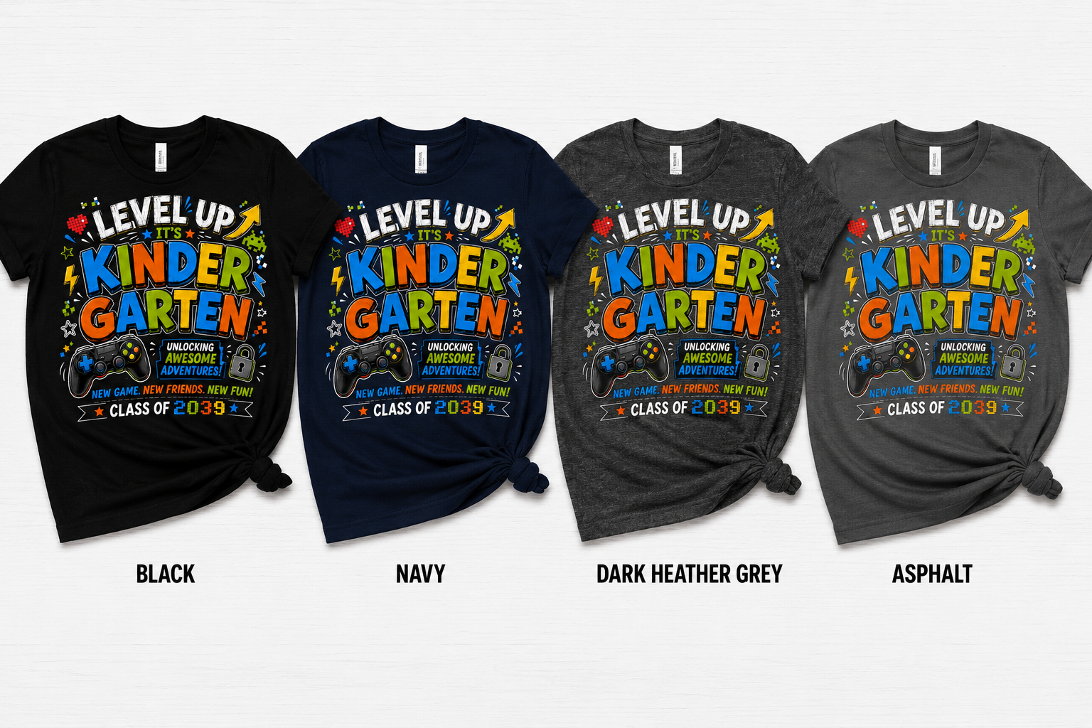 Level Up Kindergarten Class of 2039 gamer Bella Canvas kids back-to-school tee