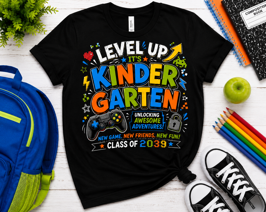 Level Up Kindergarten Class of 2039 gamer Bella Canvas kids back-to-school tee