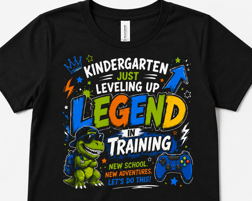 Kindergarten Legend gamer dinosaur Level Up first day of school kids tee