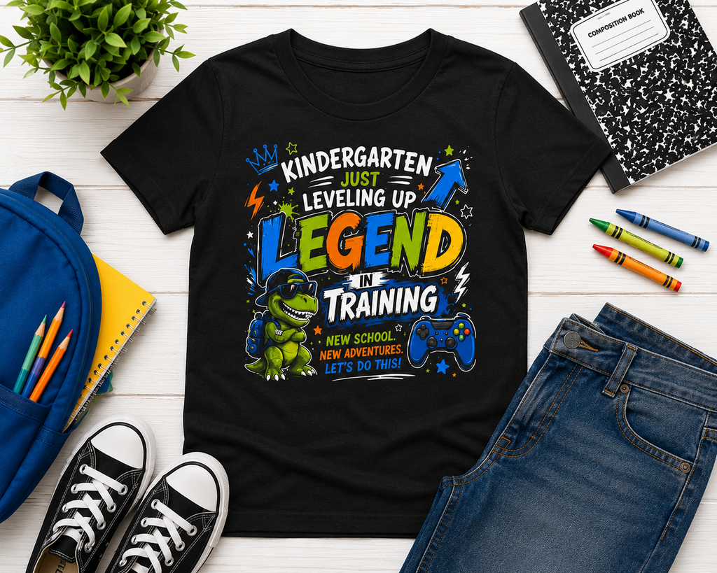 Kindergarten Legend gamer dinosaur Level Up first day of school kids tee