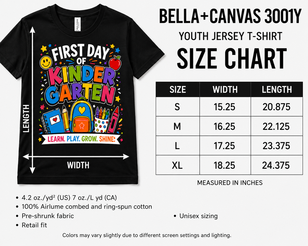 First Day of Kindergarten Learn Play Grow Shine kids back-to-school tee