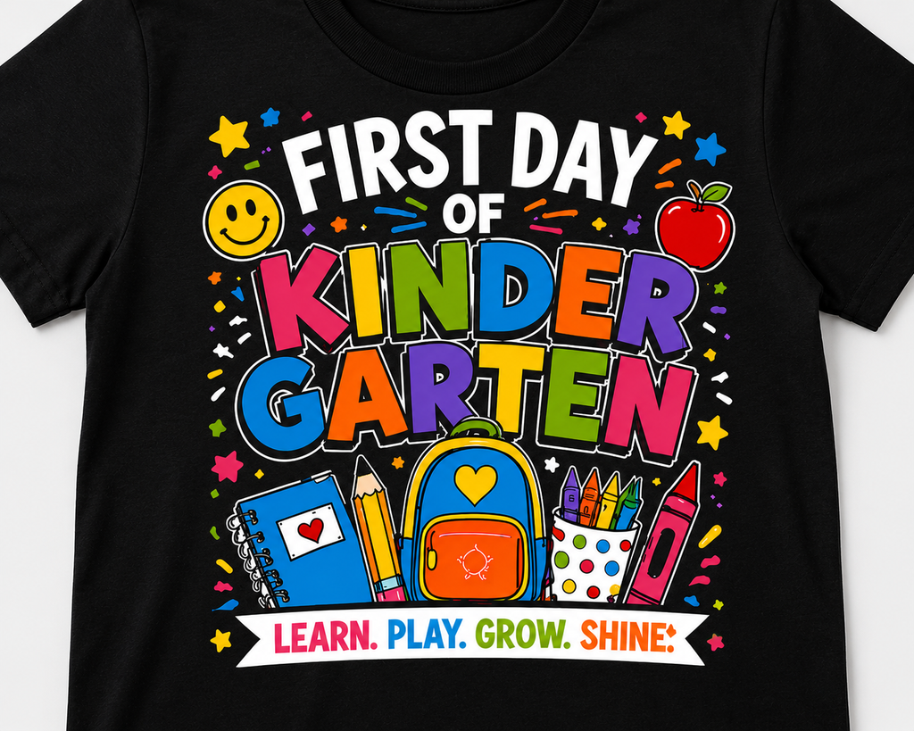 First Day of Kindergarten Learn Play Grow Shine kids back-to-school tee