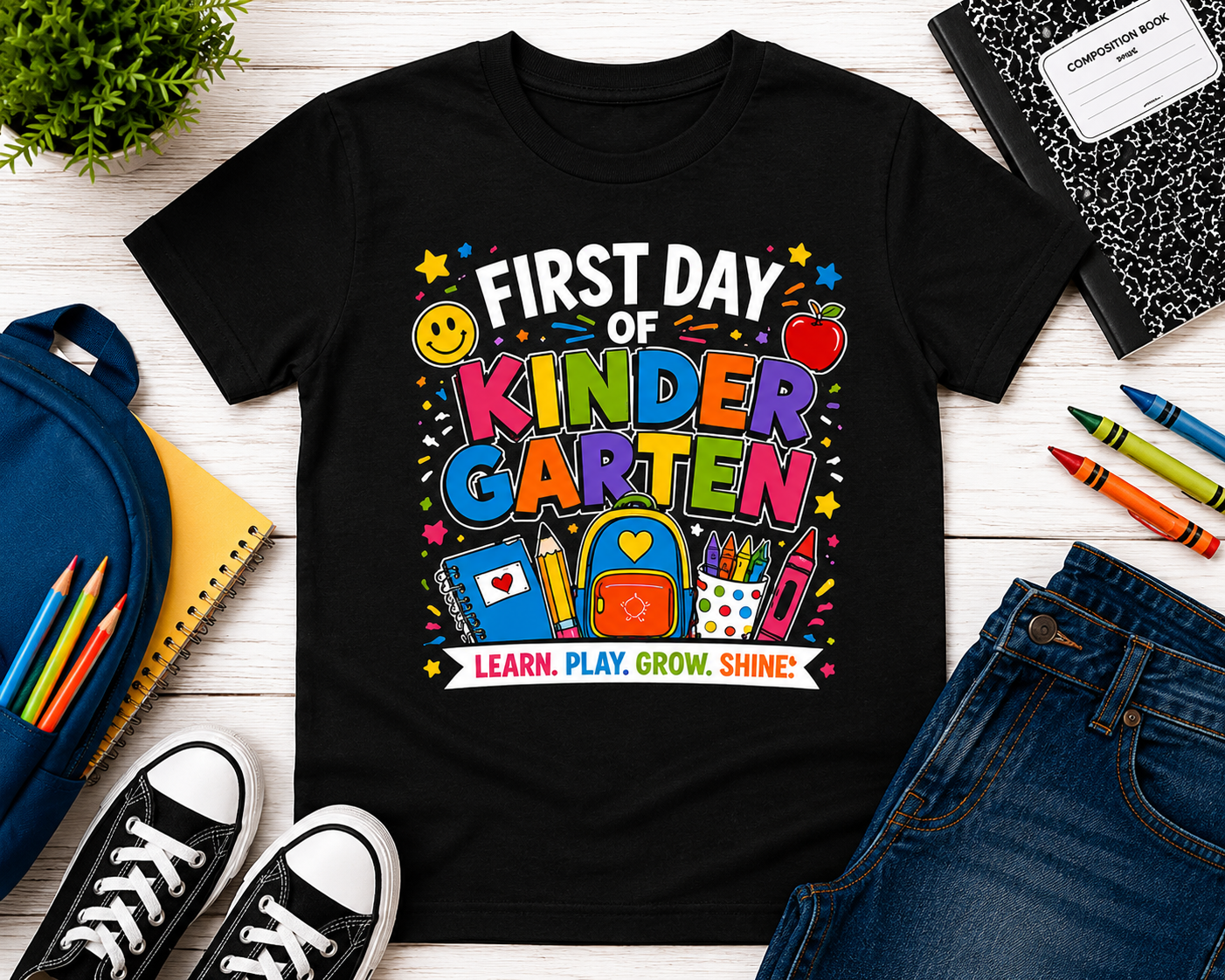 First Day of Kindergarten Learn Play Grow Shine kids back-to-school tee