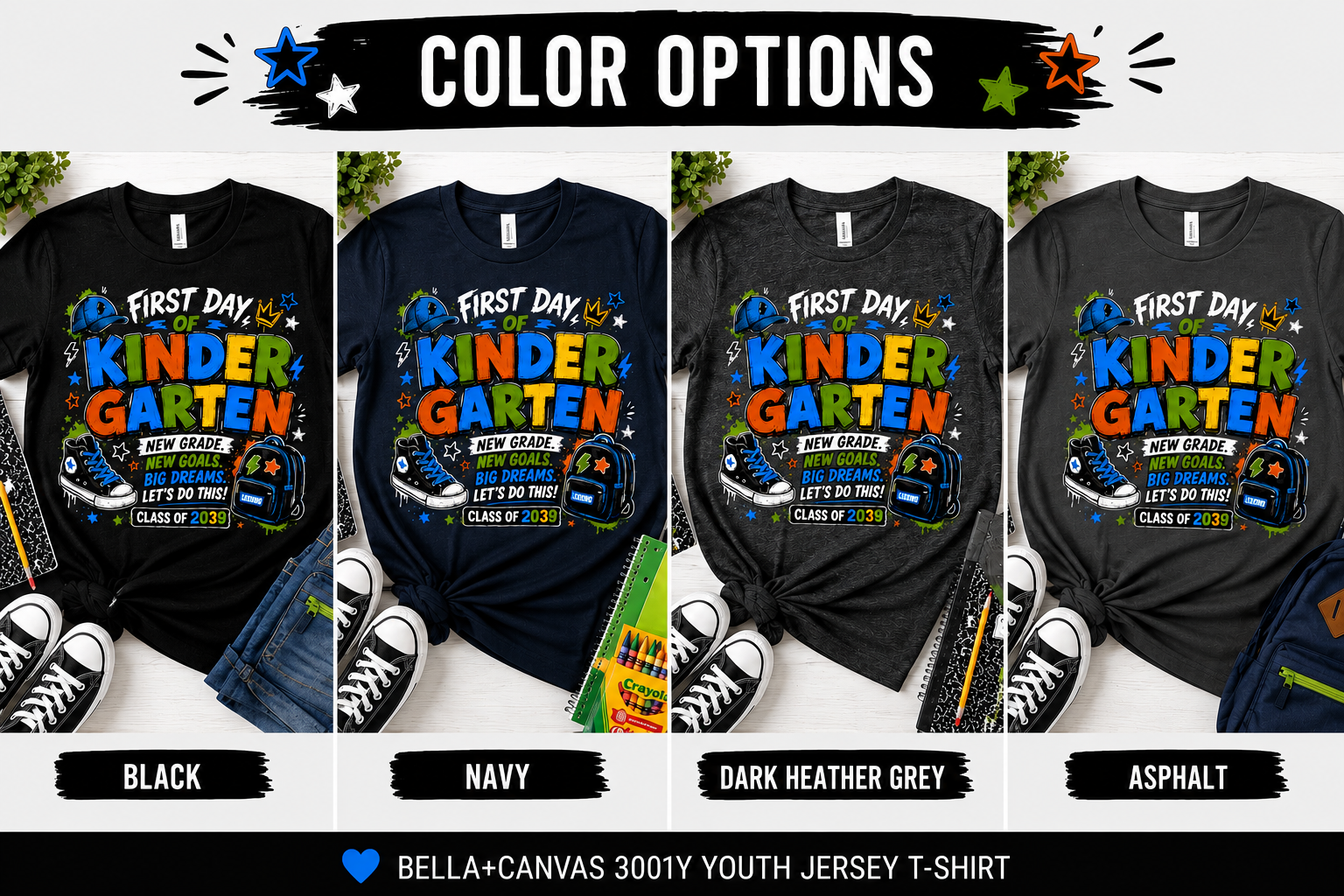First Day of Kindergarten New Goals Big Dreams Class of 2039 kids back-to-school tee