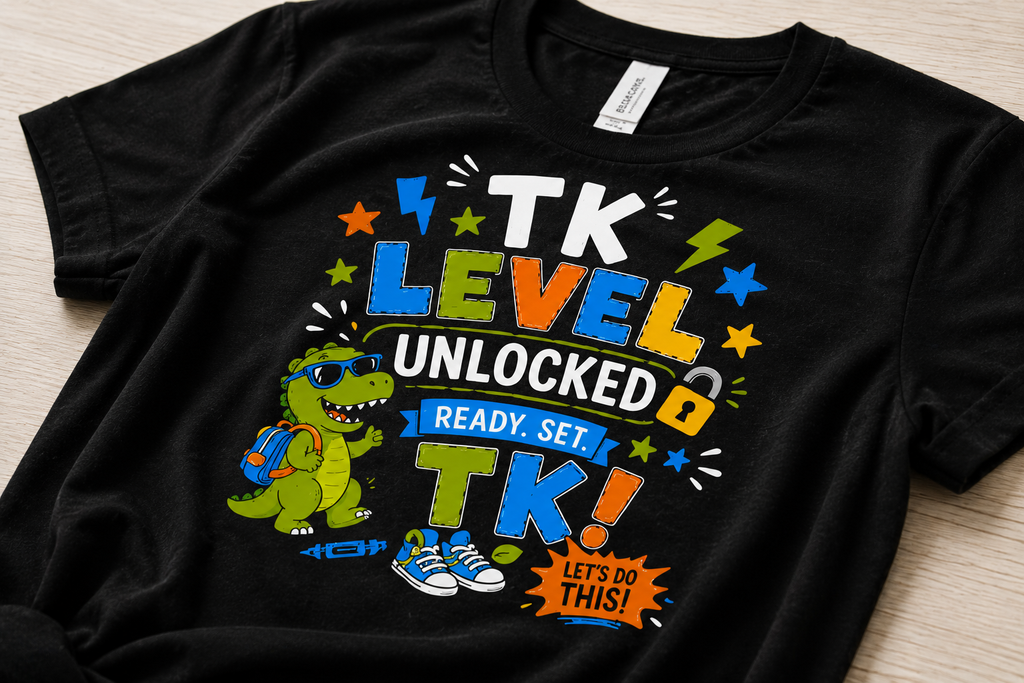 TK Level Unlocked first day of transitional kindergarten dinosaur kids back-to-school tee