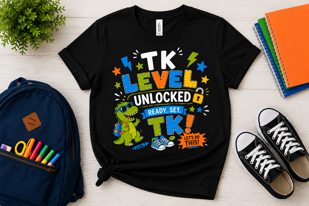 TK Level Unlocked first day of transitional kindergarten dinosaur kids back-to-school tee