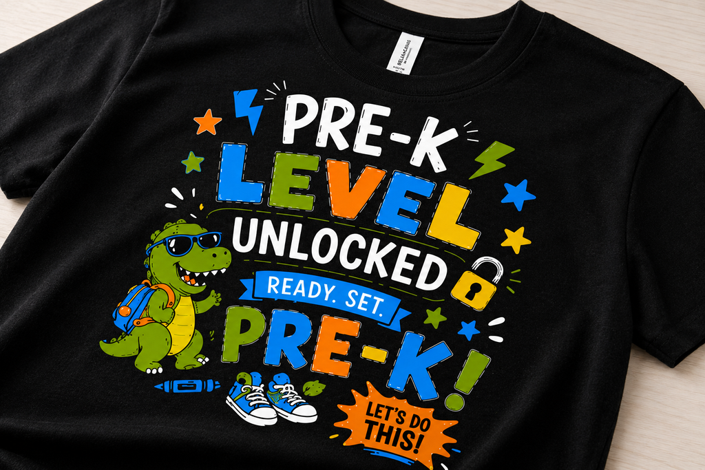 Pre-K Level Unlocked first day of preschool dinosaur kids back-to-school tee