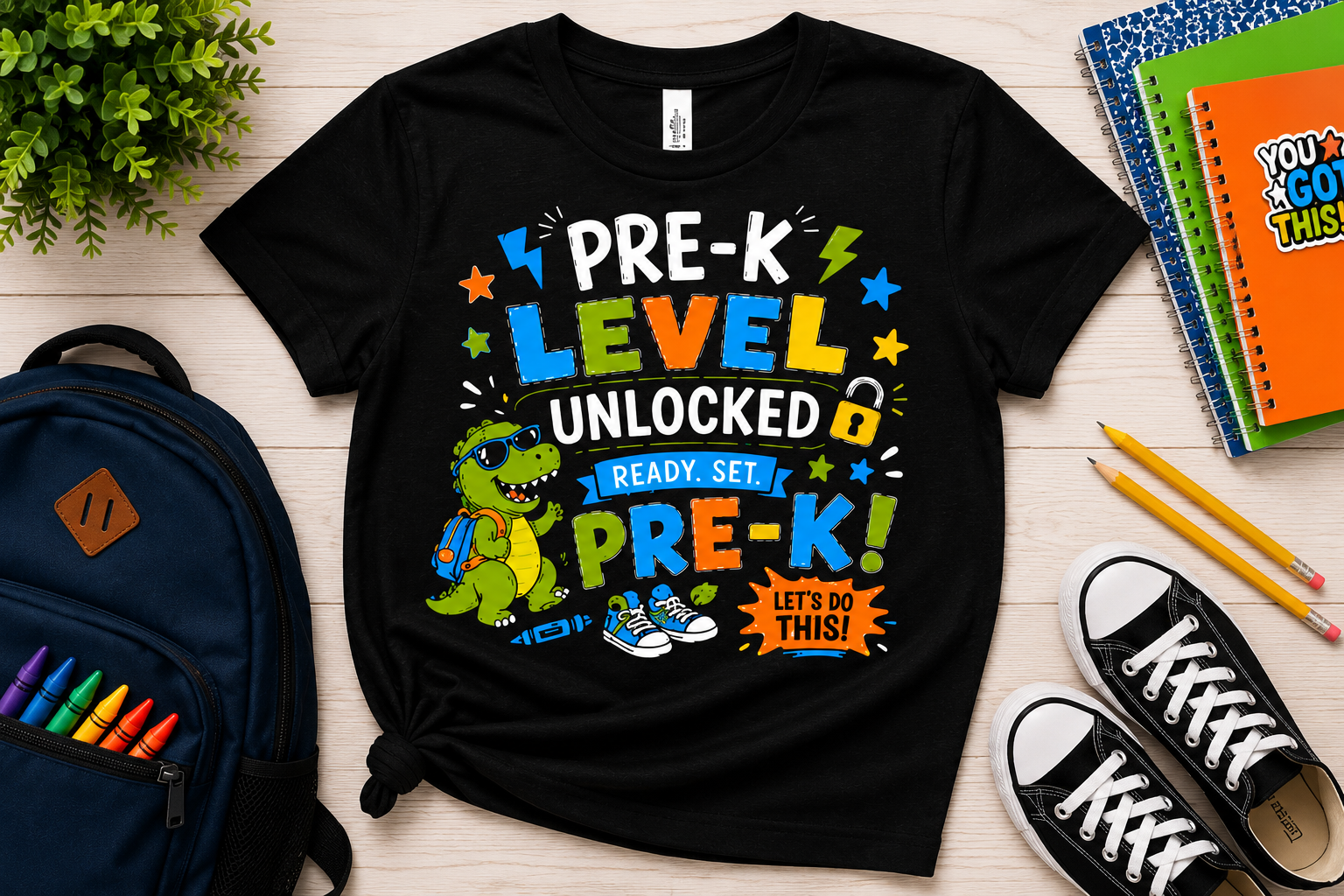 Pre-K Level Unlocked first day of preschool dinosaur kids back-to-school tee