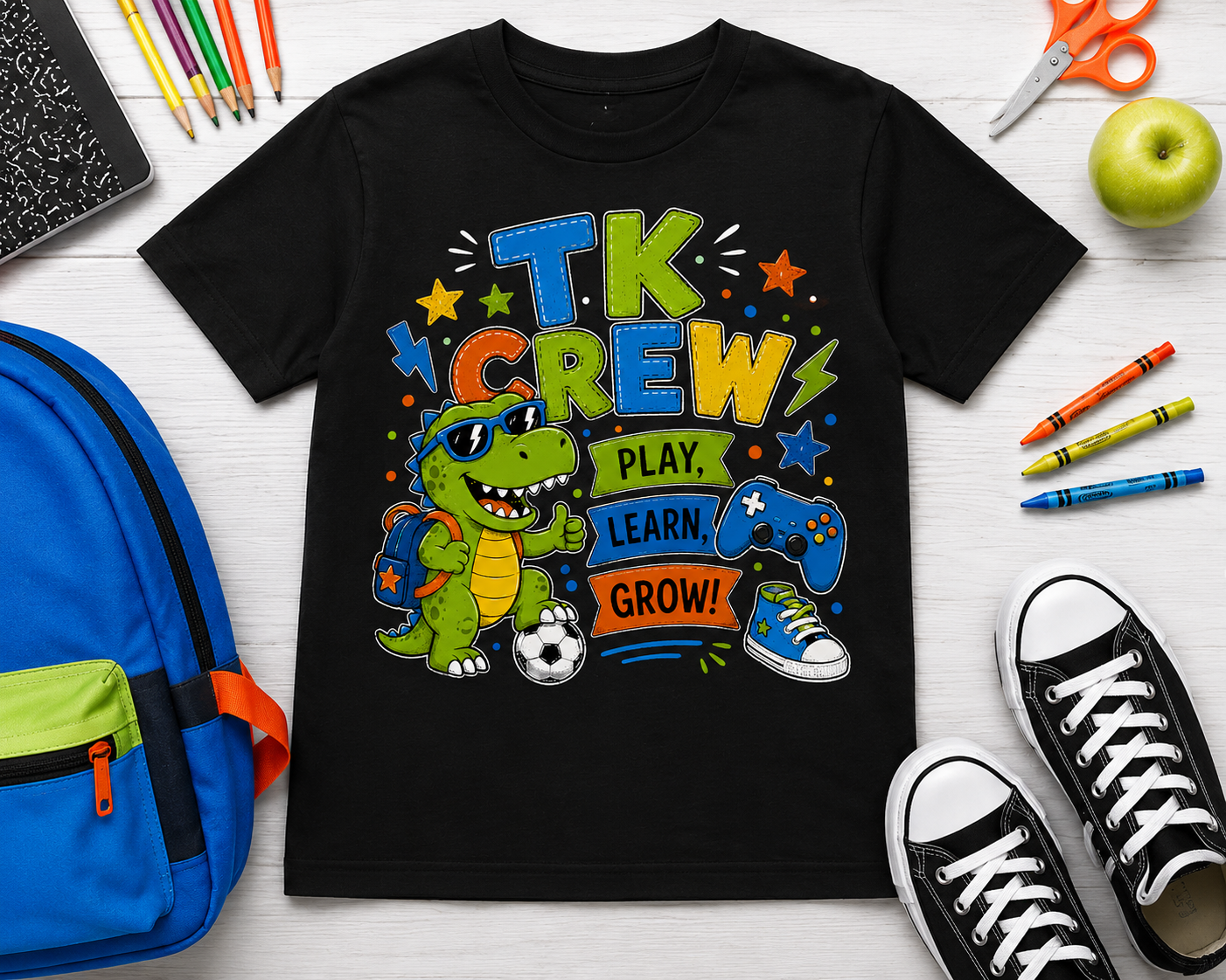 TK Crew first day of transitional kindergarten dinosaur kids back-to-school tee