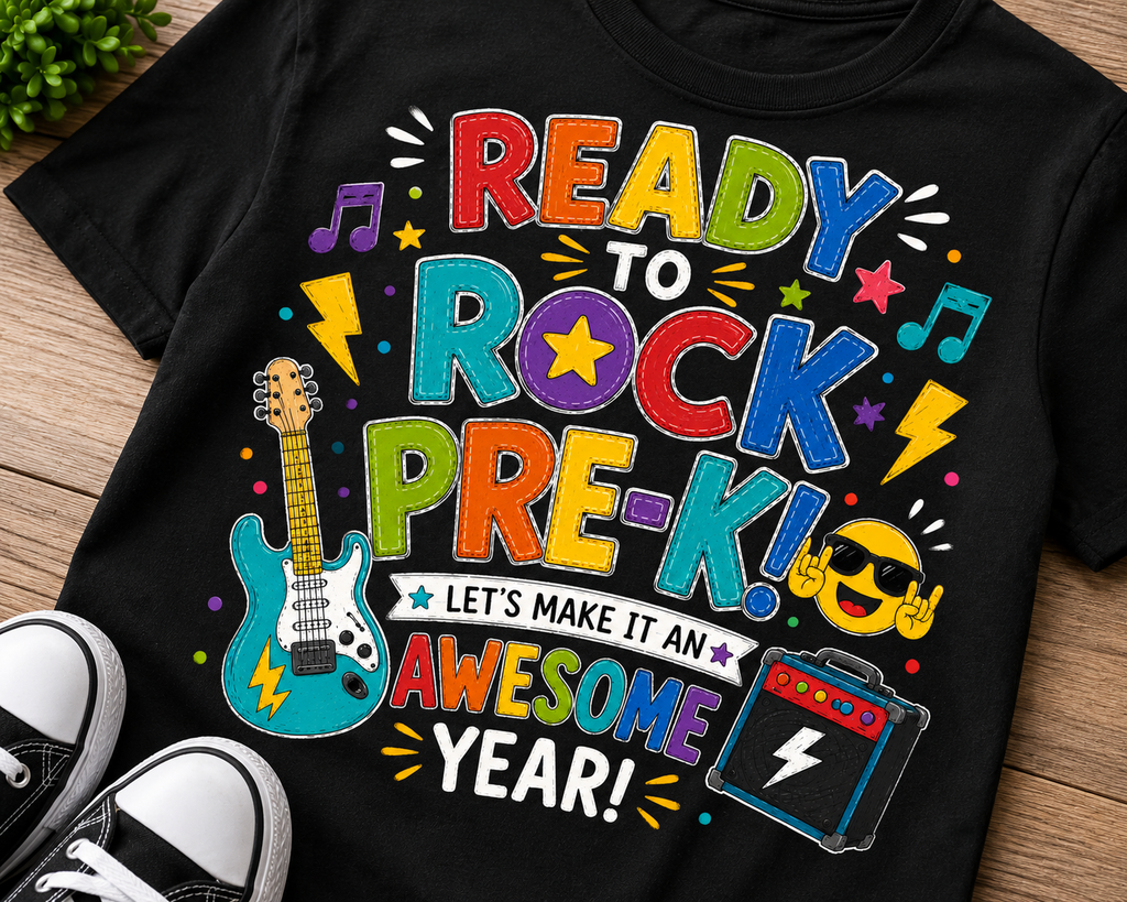 Ready to Rock Pre-K first day of preschool music Bella Canvas kids tee