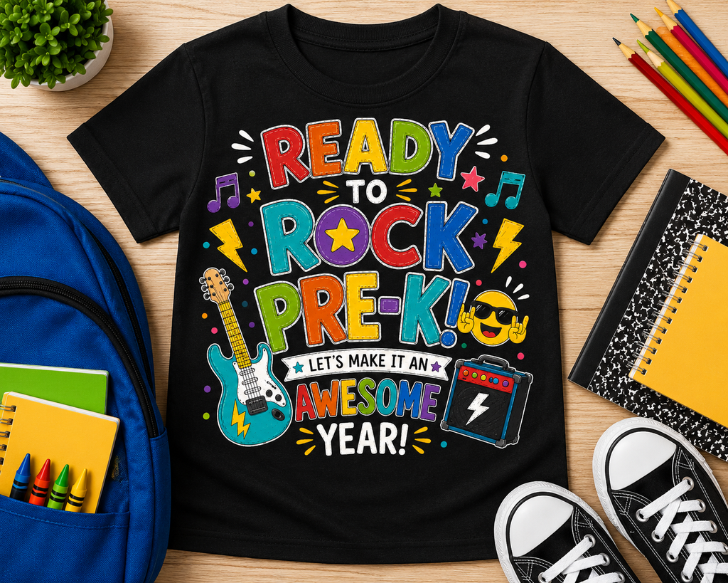 Ready to Rock Pre-K first day of preschool music Bella Canvas kids tee