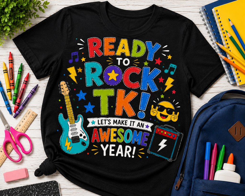 Ready to Rock TK first day of transitional kindergarten music Bella Canvas kids tee