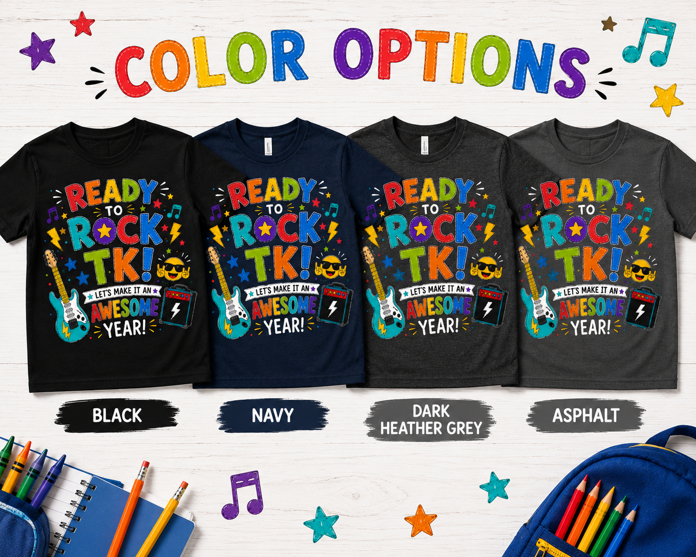 Ready to Rock TK first day of transitional kindergarten music Bella Canvas kids tee