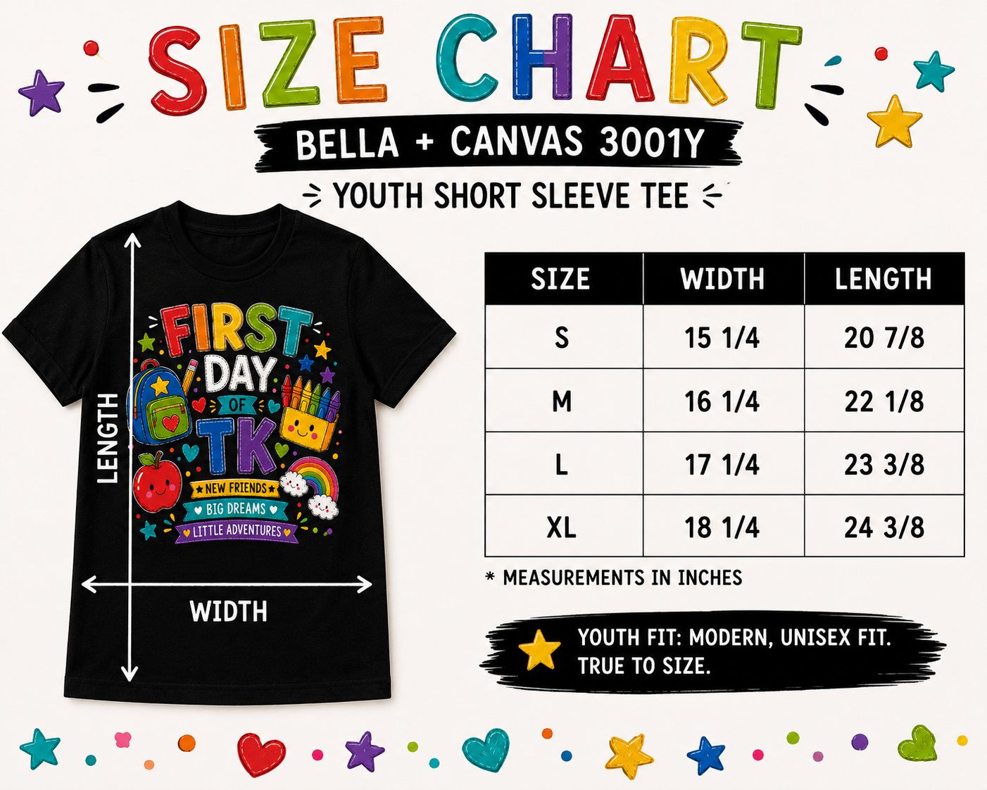 First Day of TK New Friends Big Dreams colorful Bella Canvas kids tee