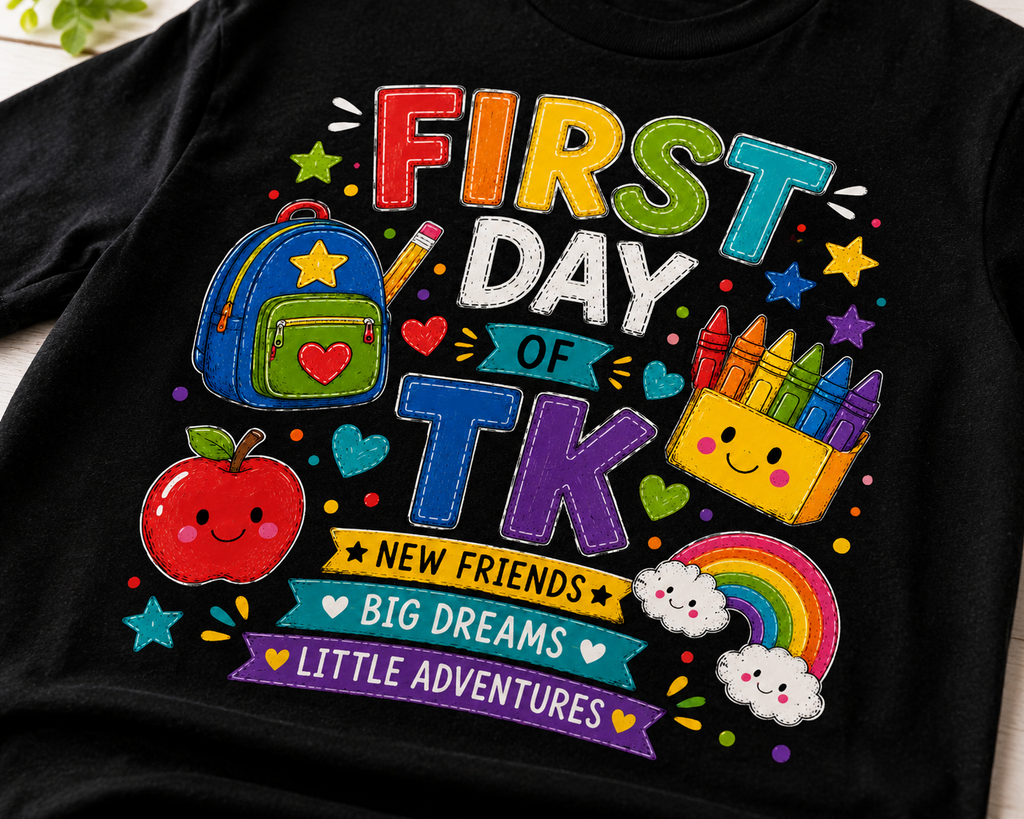 First Day of TK New Friends Big Dreams colorful Bella Canvas kids tee