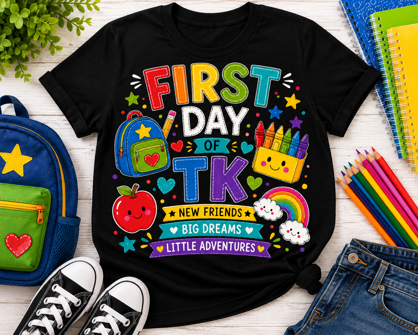 First Day of TK New Friends Big Dreams colorful Bella Canvas kids tee