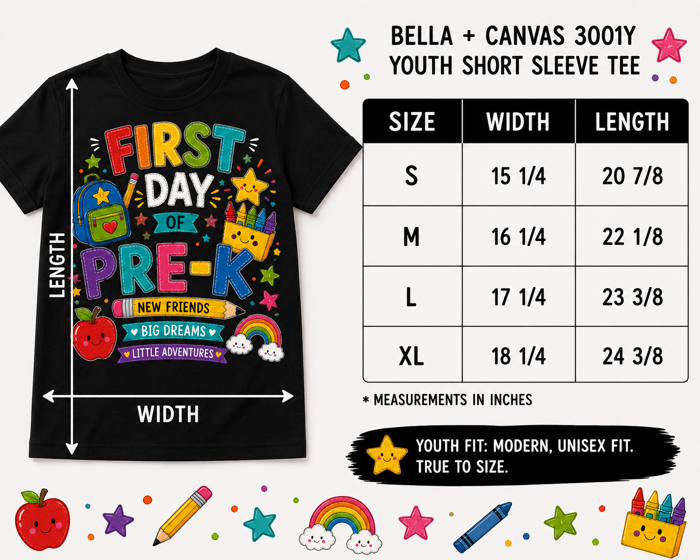 First Day of Pre-K colorful back-to-school Bella Canvas kids tee