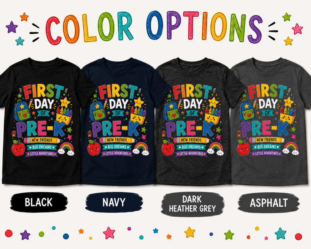 First Day of Pre-K colorful back-to-school Bella Canvas kids tee
