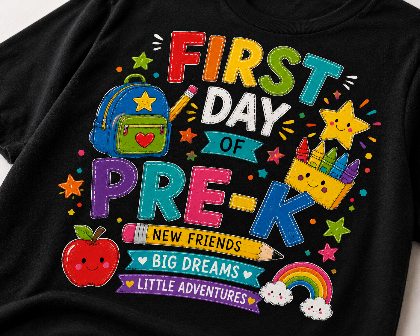 First Day of Pre-K colorful back-to-school Bella Canvas kids tee