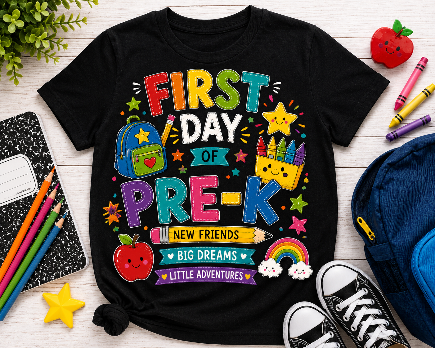 First Day of Pre-K colorful back-to-school Bella Canvas kids tee