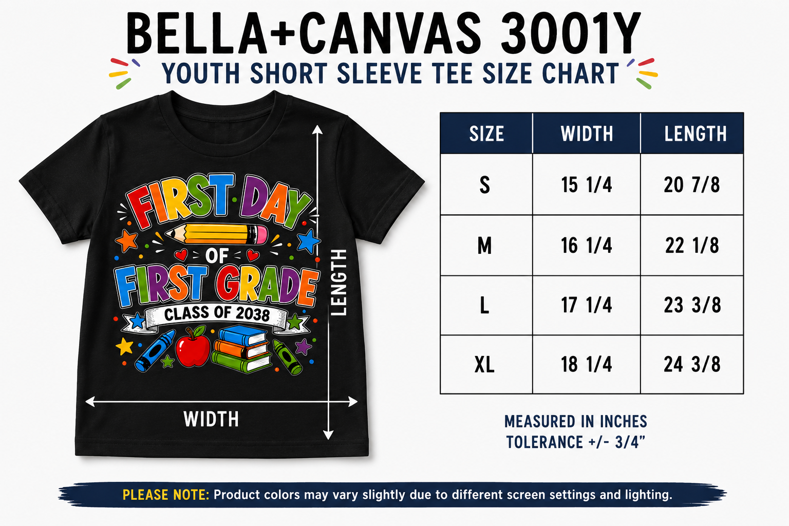 First Day of First Grade Class of 2038 colorful back-to-school Bella Canvas kids tee