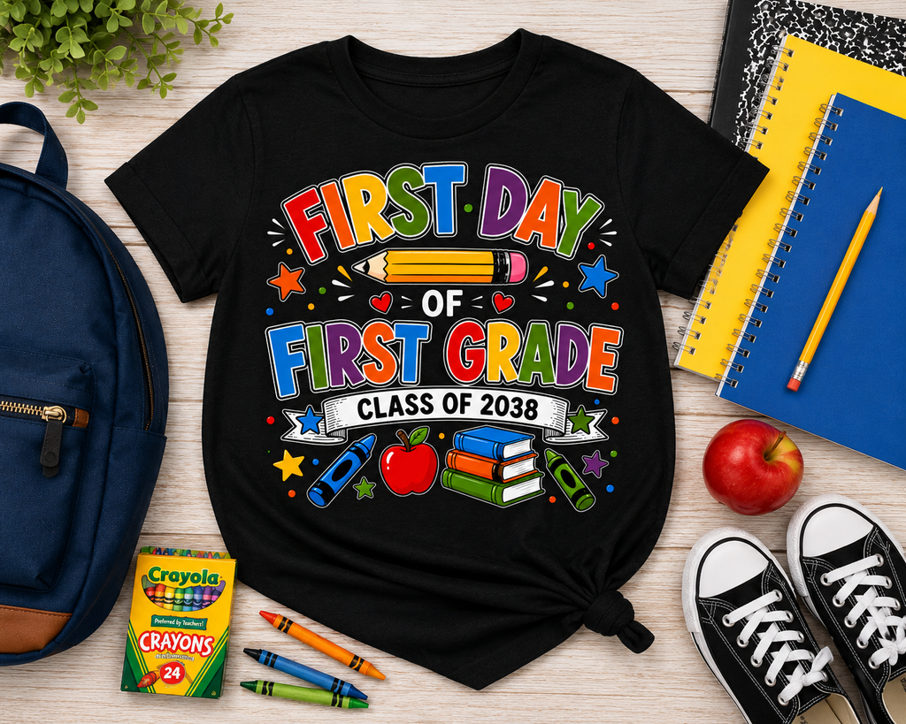 First Day of First Grade Class of 2038 colorful back-to-school Bella Canvas kids tee