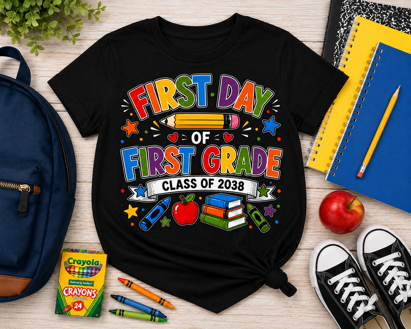First Day of First Grade Class of 2038 colorful back-to-school Bella Canvas kids tee