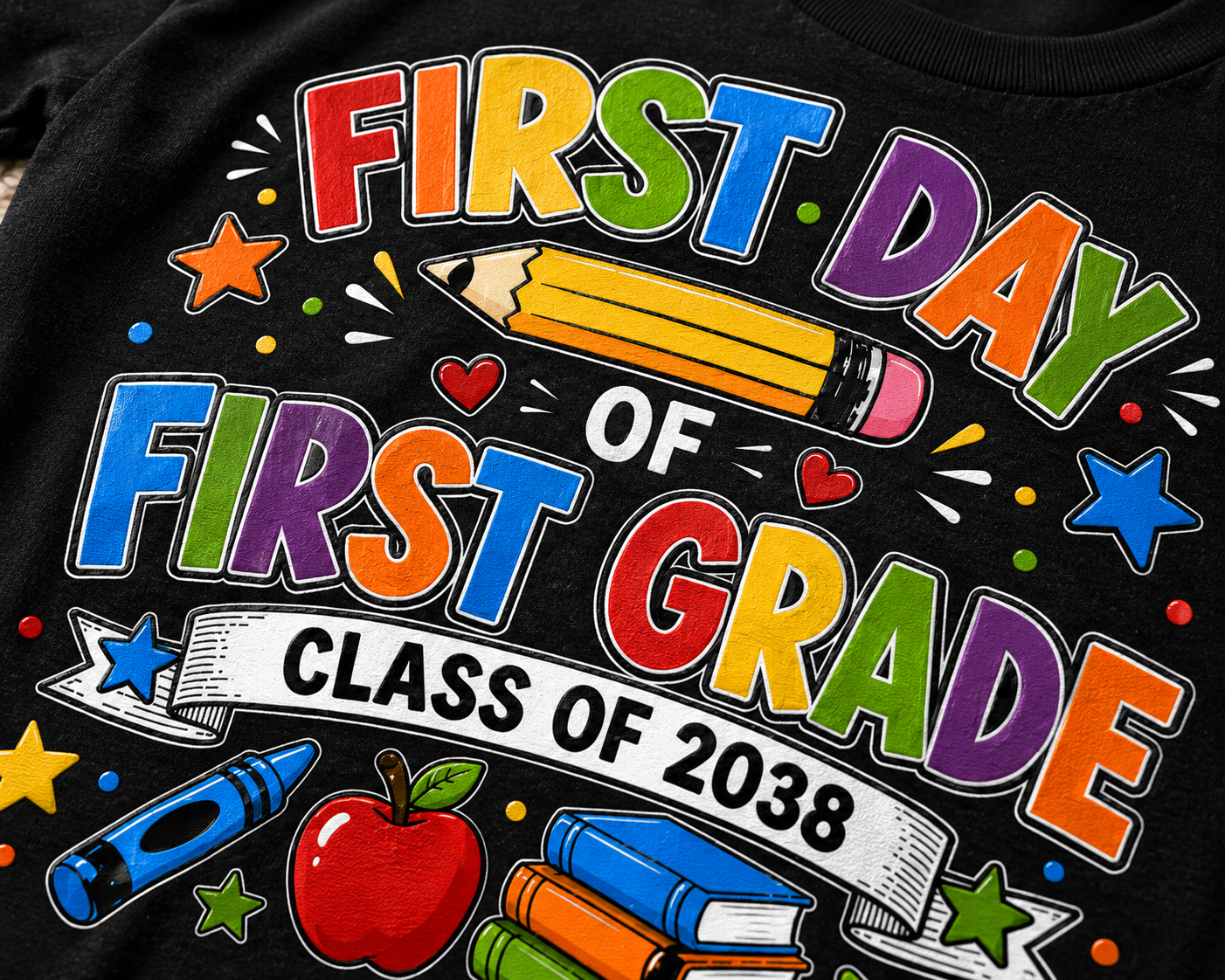First Day of First Grade Class of 2038 colorful back-to-school Bella Canvas kids tee